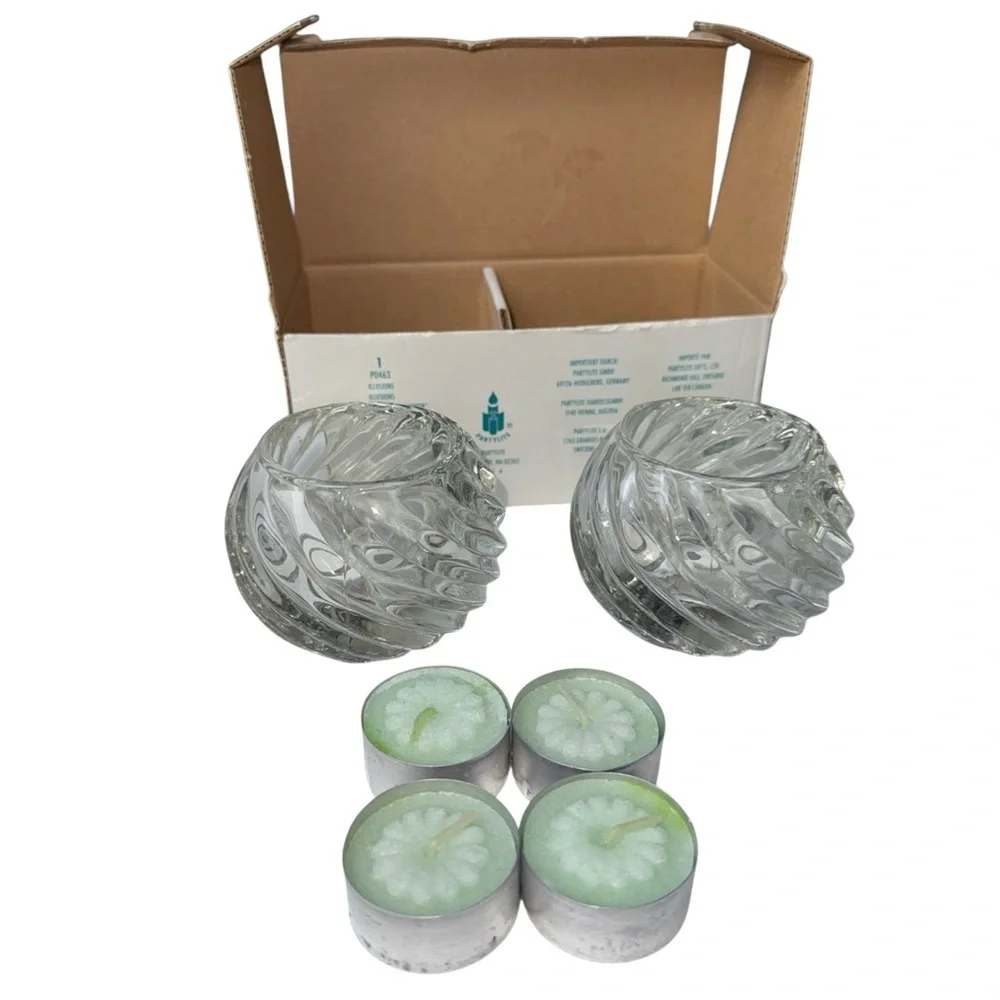 PartyLite Glass 2 Candle Holders Illusion Swirl Votive Tealight Holder Clear USA
